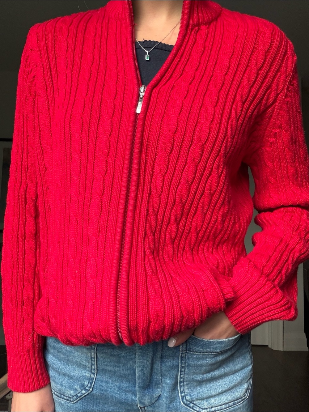 Tabi Red Cable-Knit Zip Cardigan Sweater